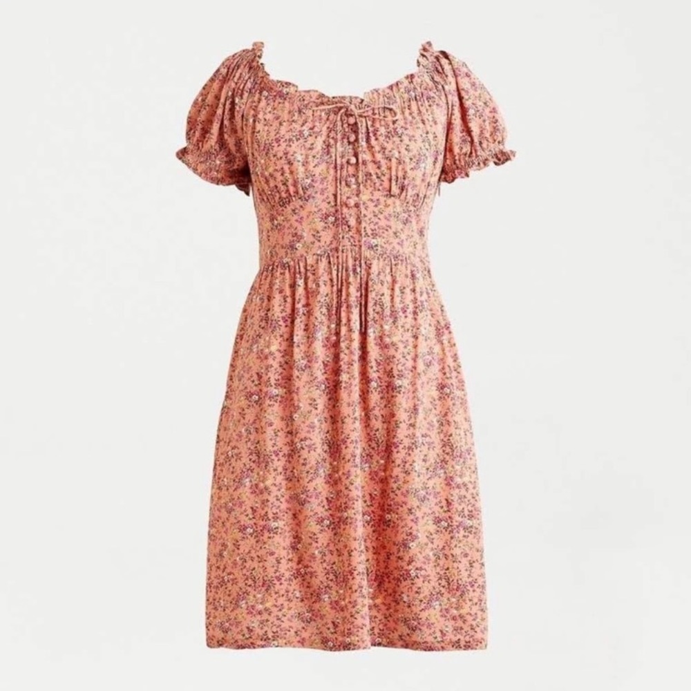 J. Crew Puff Sleeve Peasant Mini Dress in Soft Rayon, Peach Multi Floral, Size 2